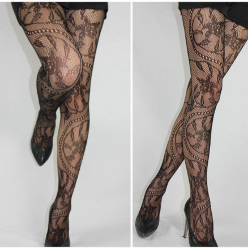 Floral Swirl Black Fishnet Pantyhose Stockings - Picture 3 of 4
